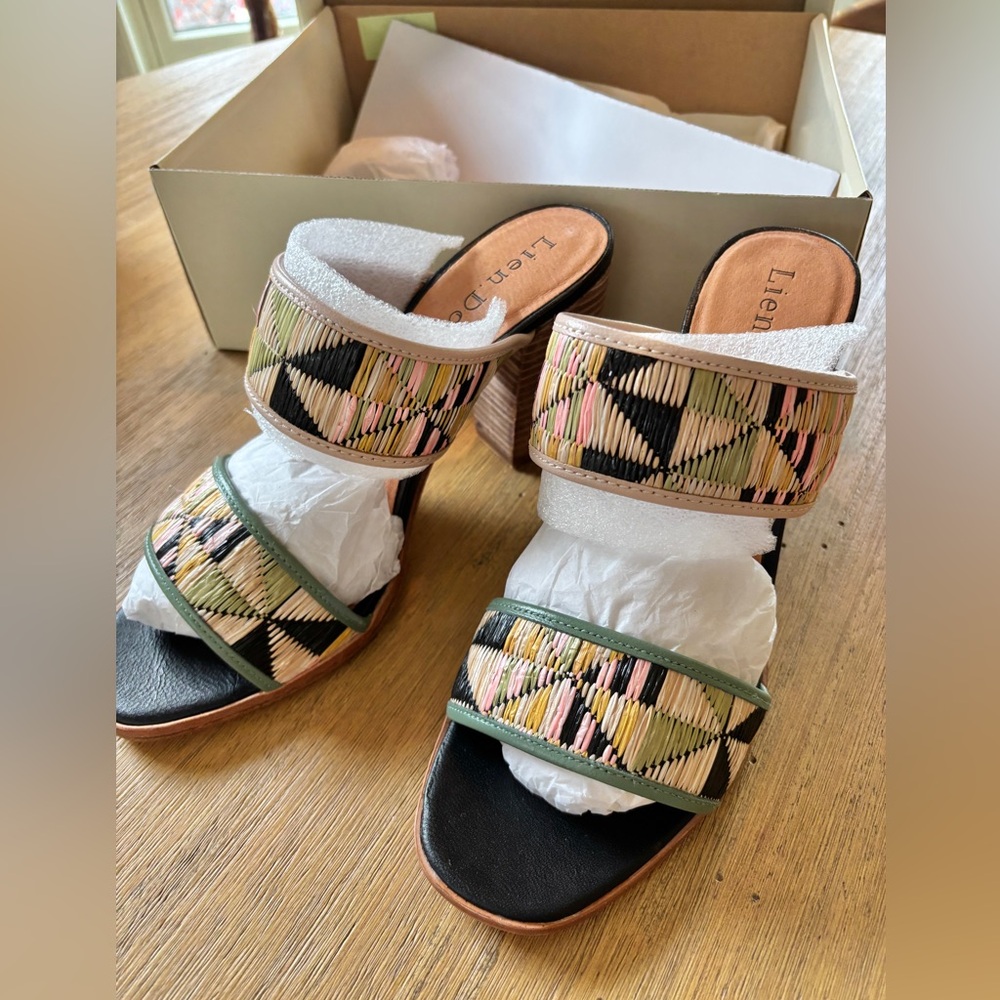 NEW Anthropologie multi-colored woven double strap slide heels
